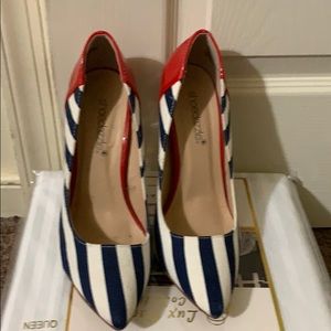 Blue and White Heel with a splash of red